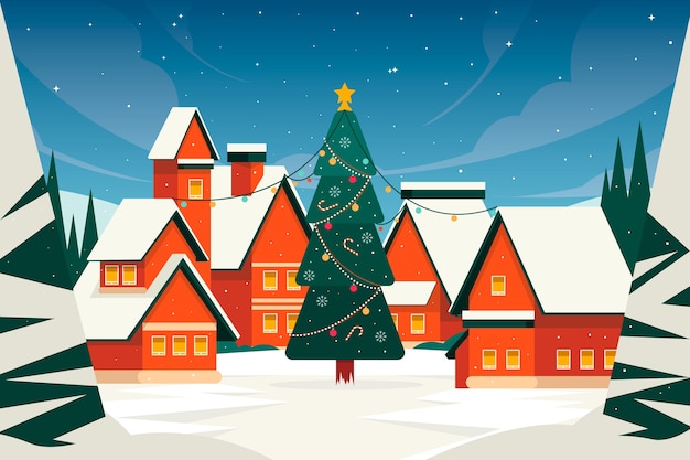 Gratis vector platte kerstdorp illustratie