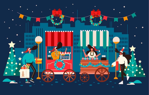 Platte kerstmarkt illustratie