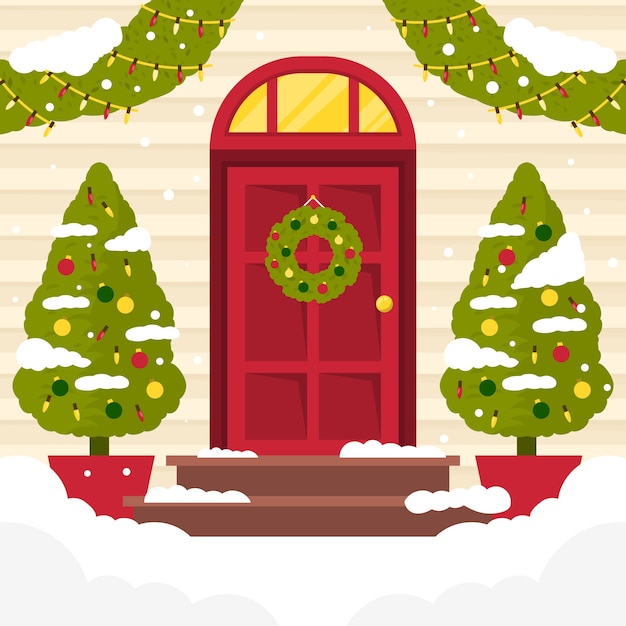 Gratis vector platte kerstseizoen huisdeur illustratie