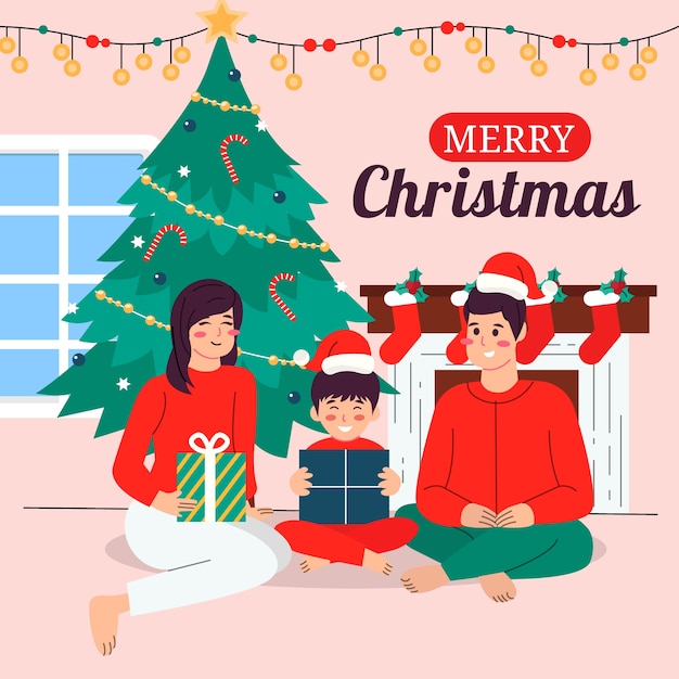 Gratis vector platte kerstseizoen illustratie met familie openingscadeautjes
