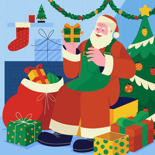 Platte kerstseizoen santa workshop illustratie