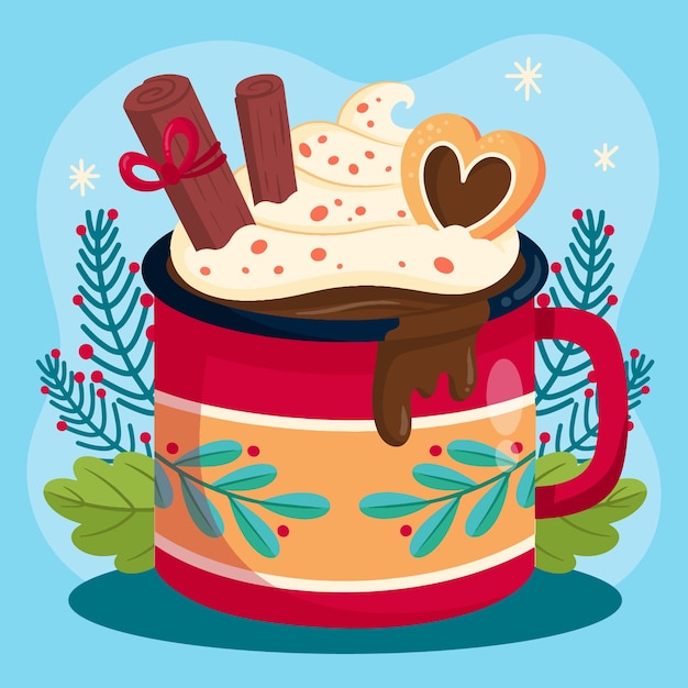 Gratis vector platte kerstseizoen warme chocolademelk illustratie