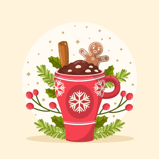 Platte kerstseizoen warme chocolademelk illustratie