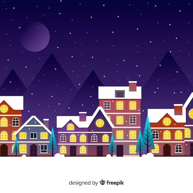 Gratis vector platte kerststad in de nacht met maan