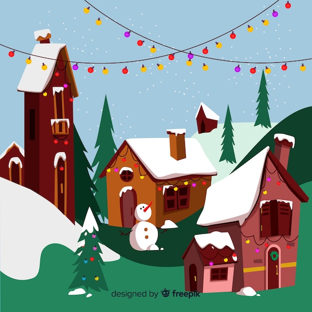 Gratis vector platte kerststad met huizen