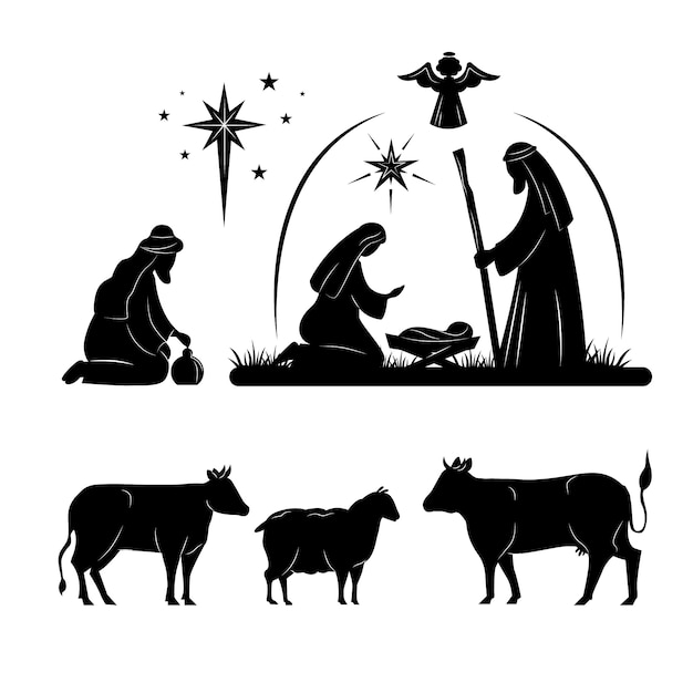 Gratis vector platte kerststal silhouetten collectie