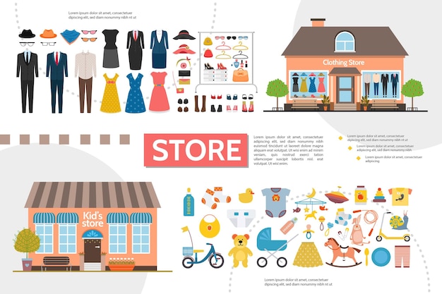 Gratis vector platte kleding en kinderwinkels infographics met dames en heren kleding accessoires kind speelgoed kledingstuk illustratie