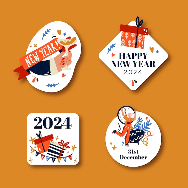 Gratis vector platte labels-collectie voor de viering van het nieuwe jaar 2024