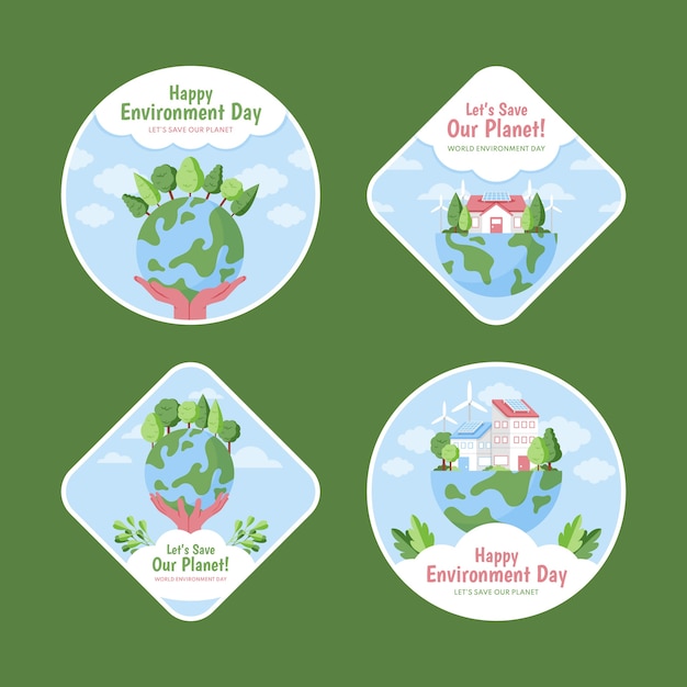 Gratis vector platte labels of badges van wereldmilieudag