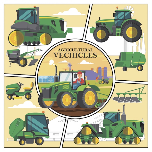 Gratis vector platte landbouw transport samenstelling met groene landbouwvoertuigen en boer rijden tractor met ploeg op veld