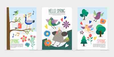 Gratis vector platte lente romantische posters met bloeiende mooie bloemen zingende vogels zittend op boomtakken