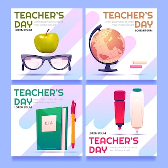 Platte lerarendag instagram posts collectie met schoolbenodigdheden