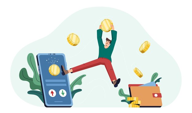 Platte man met gouden munten ontvangt cashback op e-wallet