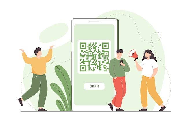 Platte man met mobiele telefoon die qr-code scant voor online betalen en internetwinkelen. tekens staan in de buurt van grote smartphone met qr-symbool op het scherm van het apparaat en gebruiken de scanner-id-app om te betalen.