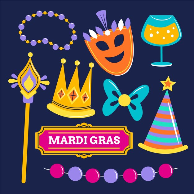 Gratis vector platte mardi gras-elementencollectie