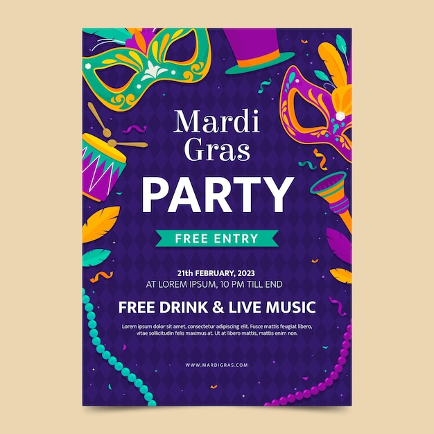 Gratis vector platte mardi gras festival viering verticale poster sjabloon