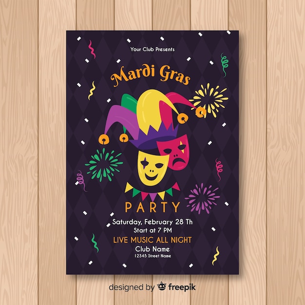 Gratis vector platte mardi gras flyer sjabloon