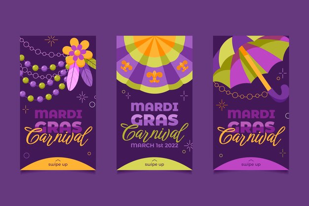 Gratis vector platte mardi gras instagram verhalencollectie