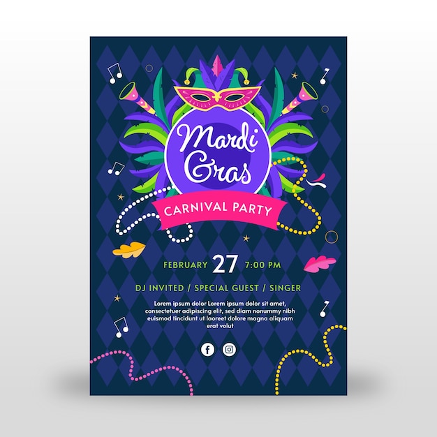 Gratis vector platte mardi gras verticale flyer-sjabloon