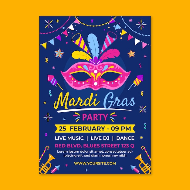 Platte mardi gras verticale flyer-sjabloon