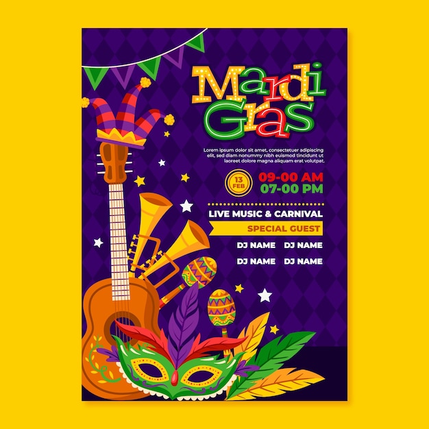 Gratis vector platte mardi gras verticale poster sjabloon