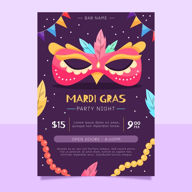 Gratis vector platte mardi gras verticale postersjabloon