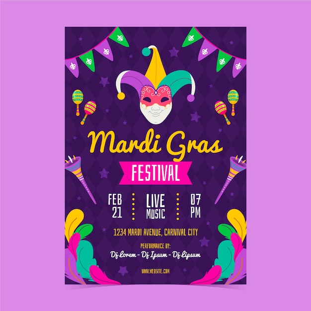 Gratis vector platte mardi gras verticale postersjabloon