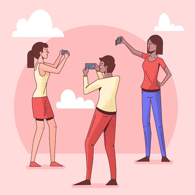 Gratis vector platte mensen die selfies maken met telefoon