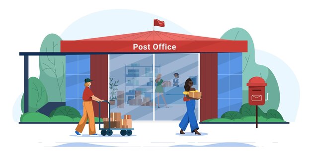 Platte mensen in postkantoor die pakketten verzenden en ontvangen