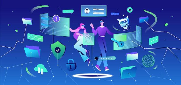 Gratis Vector platte mensen in vr-bril en ai-robot in het metaversum lossen het probleem van gegevensprivacy op.