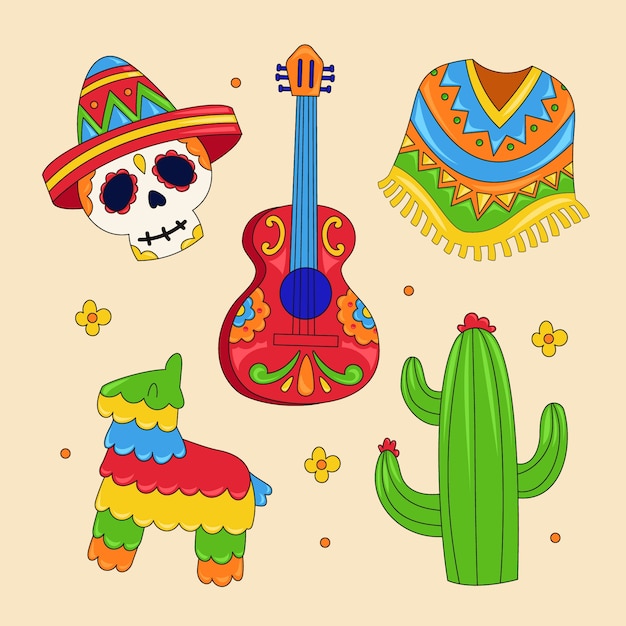 Gratis vector platte mexicaanse elementen collectie