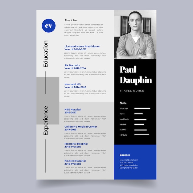 Gratis vector platte moderne cv-sjabloon voor reisverpleegkundigen