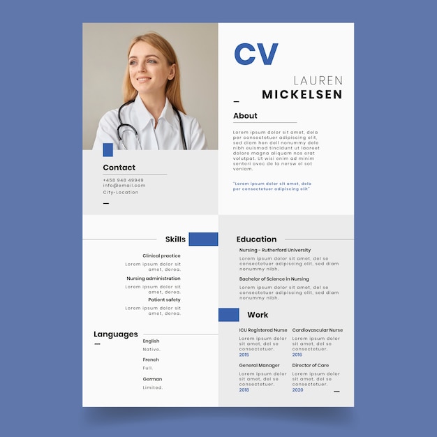 Gratis vector platte moderne verpleegster cv-sjabloon