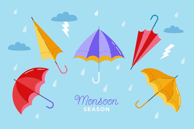 Platte moesson seizoen achtergrond met paraplu's
