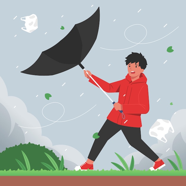 Gratis vector platte moesson seizoen illustratie met man geconfronteerd met sterke wind met paraplu