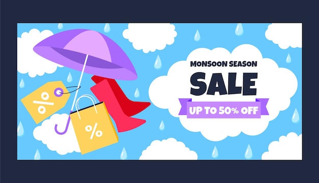 Gratis vector platte moesson seizoen verkoop horizontale banner sjabloon met paraplu en laarzen