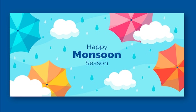 Gratis vector platte moesson seizoen verkoop horizontale banner sjabloon met paraplu's