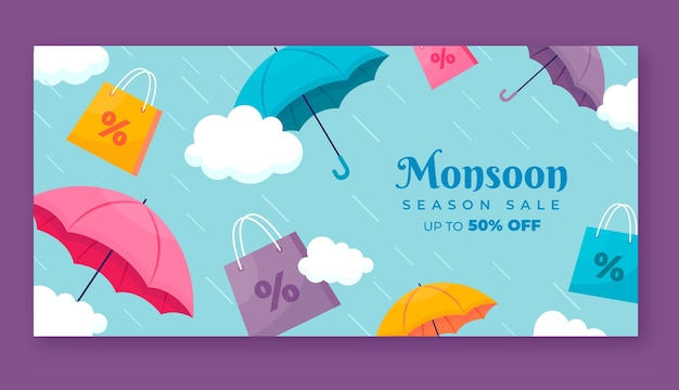 Gratis vector platte moesson seizoen verkoop horizontale banner sjabloon met paraplu's