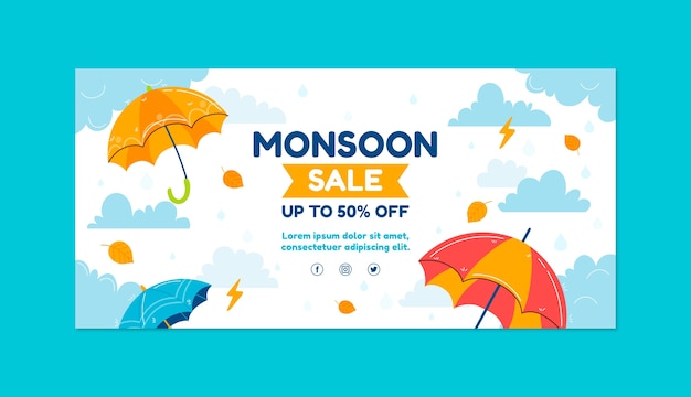 Platte moesson seizoen verkoop horizontale banner sjabloon met paraplu's
