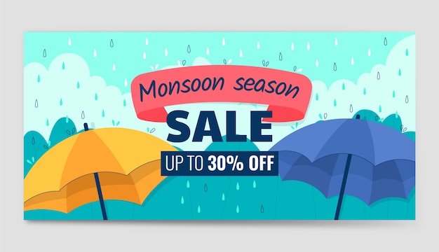Platte moessonseizoen horizontale verkoopbanner met paraplu's