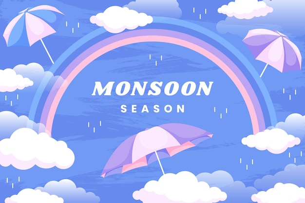Gratis vector platte moessonseizoenachtergrond met paraplu's en regenboog