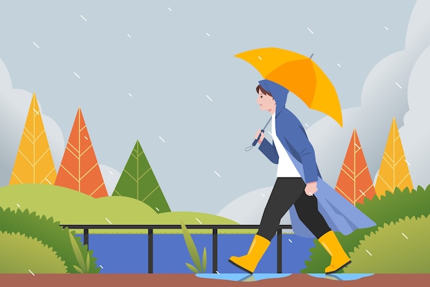 Platte moessonseizoenachtergrond met persoon die onder paraplu loopt