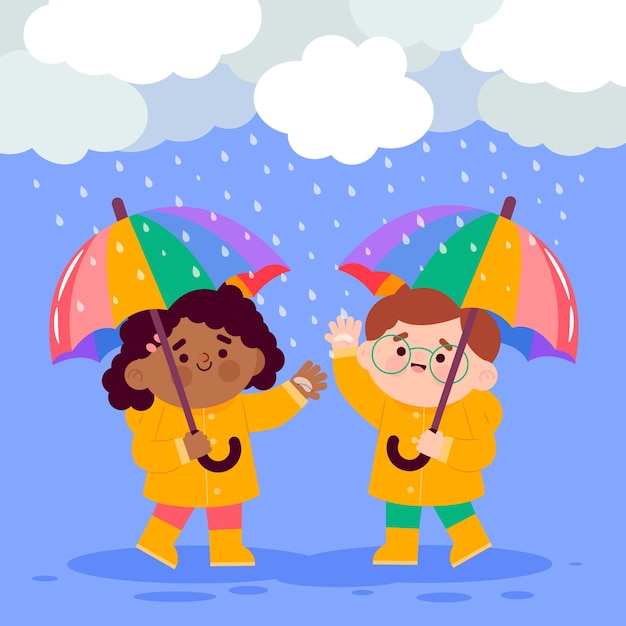Platte moessonseizoenillustratie met kinderen die in de regen spelen met paraplu's