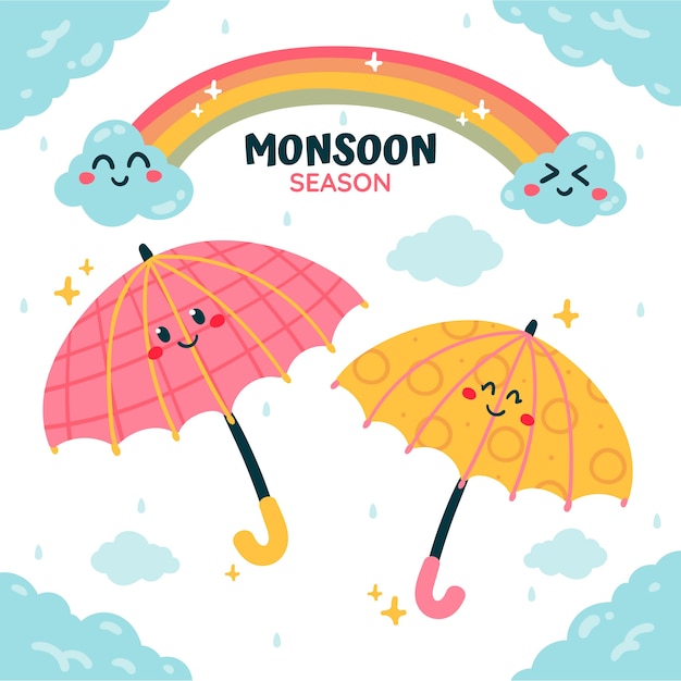 Platte moessonseizoenillustratie met paraplu's en regenboog