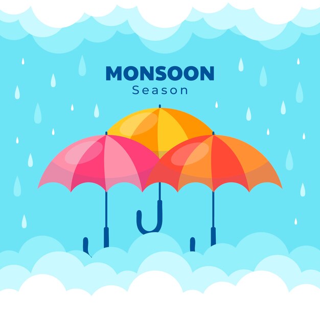 Platte moessonseizoenillustratie met paraplu's