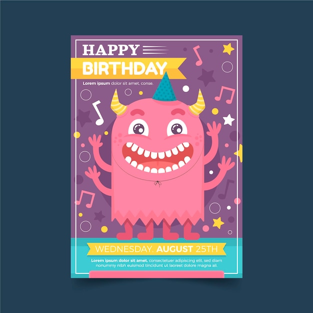 Gratis vector platte monster verjaardag uitnodiging sjabloon