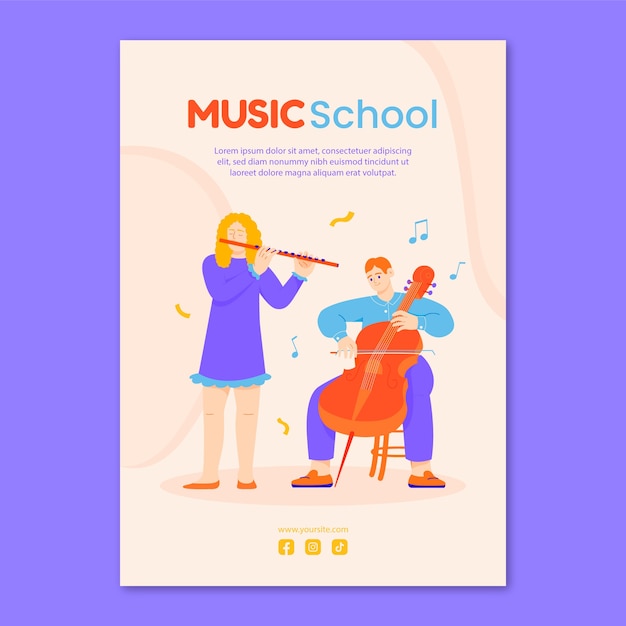 Platte muziekschoolklassen en onderwijs verticale poster sjabloon