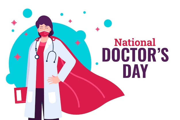 Gratis vector platte nationale doktersdag achtergrond met dokter die cape draagt