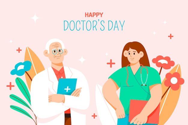 Gratis vector platte nationale doktersdagachtergrond met dokter en verpleegster