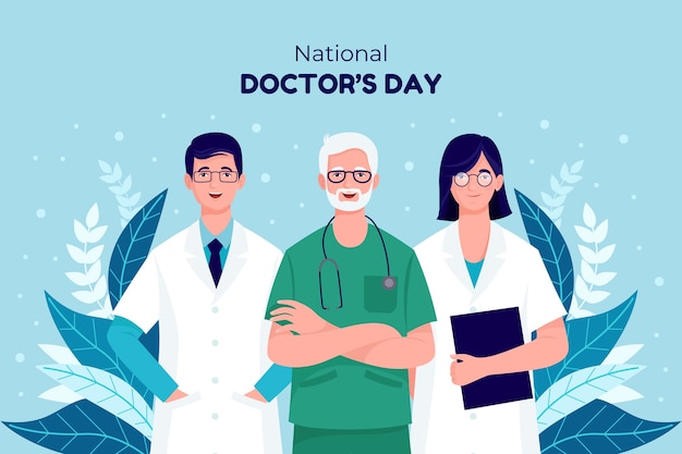 Gratis vector platte nationale doktersdagachtergrond met medisch personeel